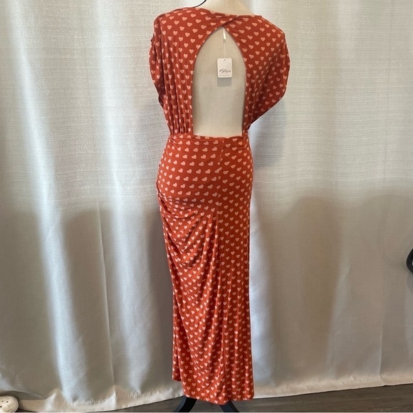 Free People Lakeside Heart Printed Midi Dress Orange Ginger Combo Sz XS NWT - Picture 7 of 9
